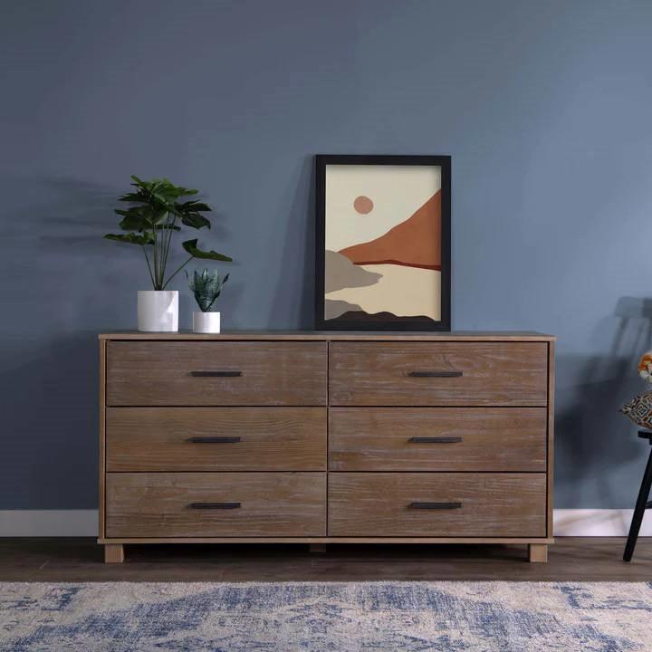 Modern Farmhouse Solid Wood 6 Drawer Double Dresser in Rustic Pine Finish - PRHOMZ
