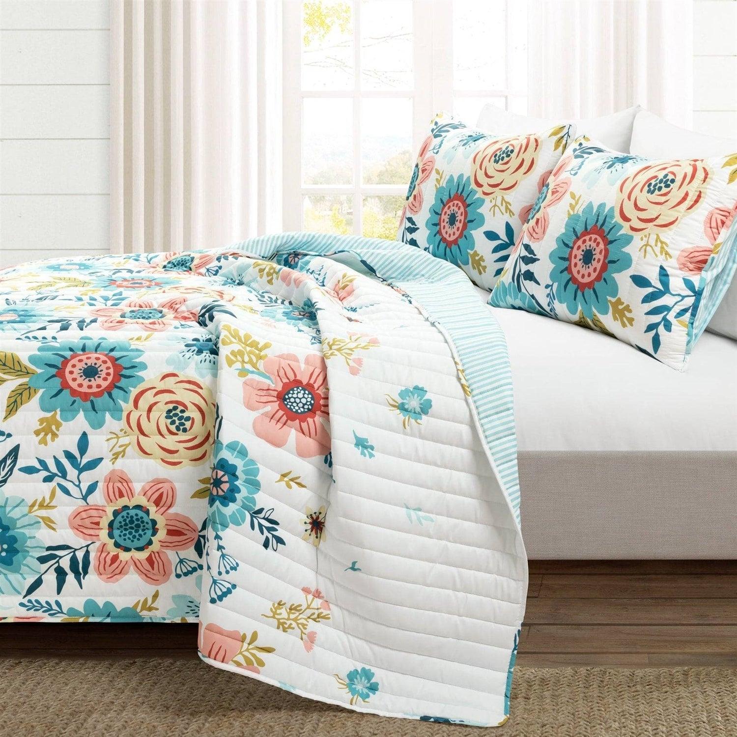 Full/Queen Lightweight Floral Teal Blue Pink White 3-Piece Polyester Quilt Set - PRHOMZ