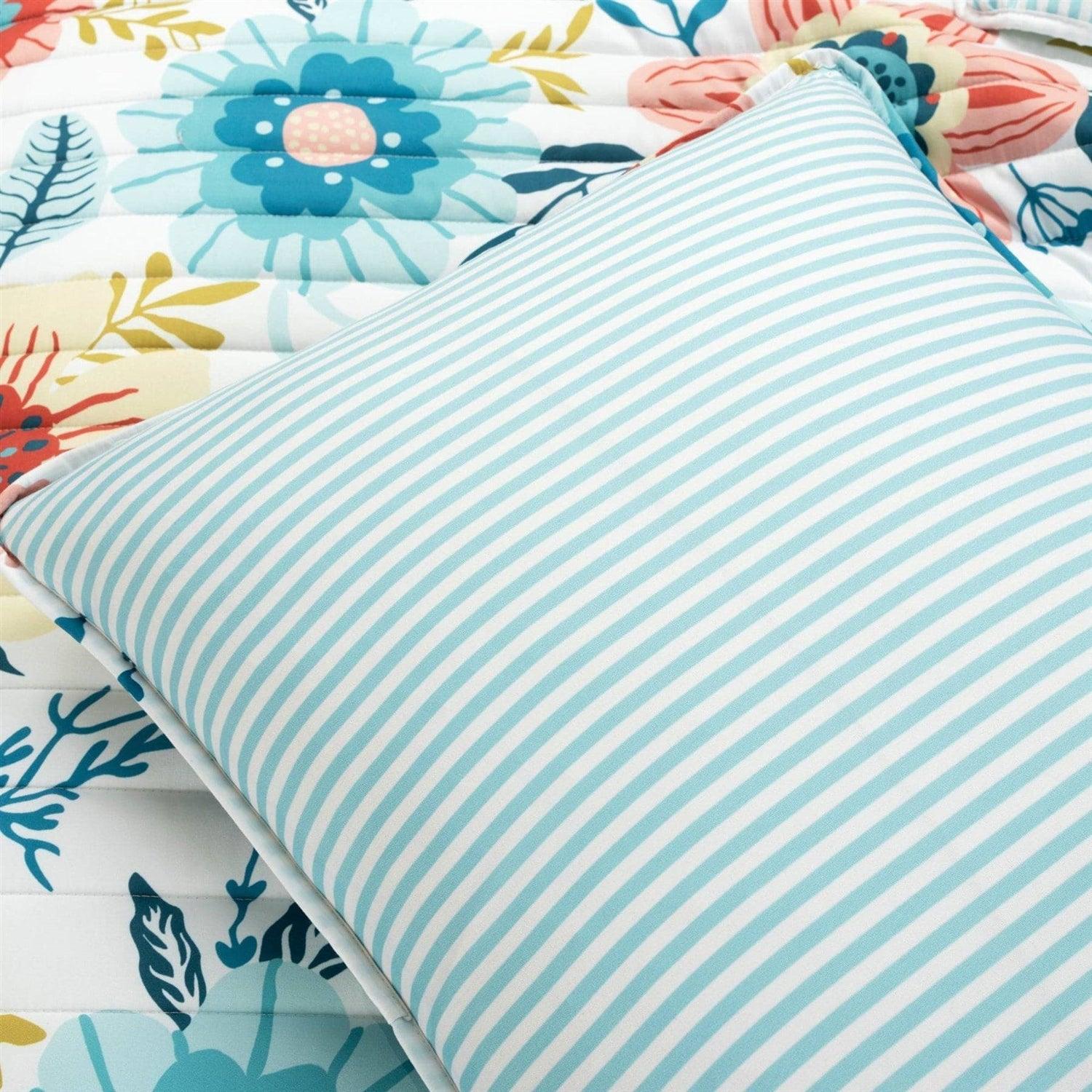 Full/Queen Lightweight Floral Teal Blue Pink White 3-Piece Polyester Quilt Set - PRHOMZ