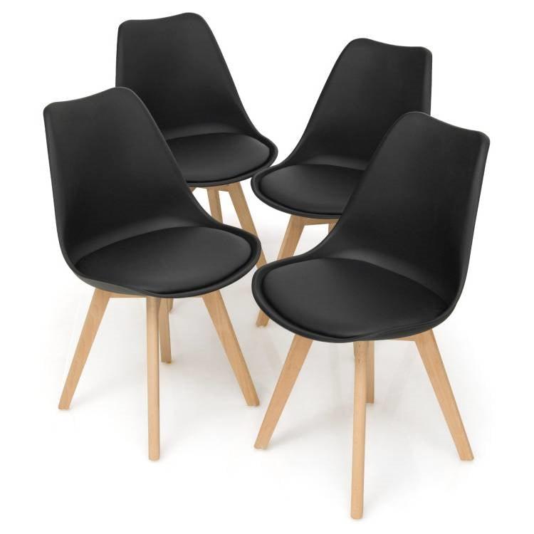 Set of 4 Modern Mid-Century Style Black PU Leather Dining Chairs with Wood Legs - PRHOMZ