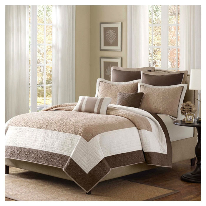 Full / Queen Brown Ivory Tan Cream 7 Piece Quilt Coverlet Bedspread Set-0
