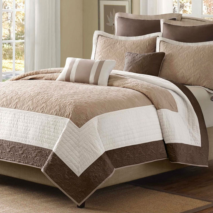 Full / Queen Brown Ivory Tan Cream 7 Piece Quilt Coverlet Bedspread Set-1
