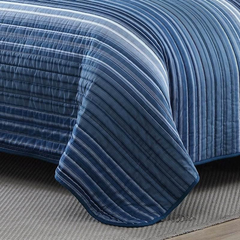 Full/Queen Size Coastal Blue Stripe Reversible Cotton Quilt Set - PRHOMZ