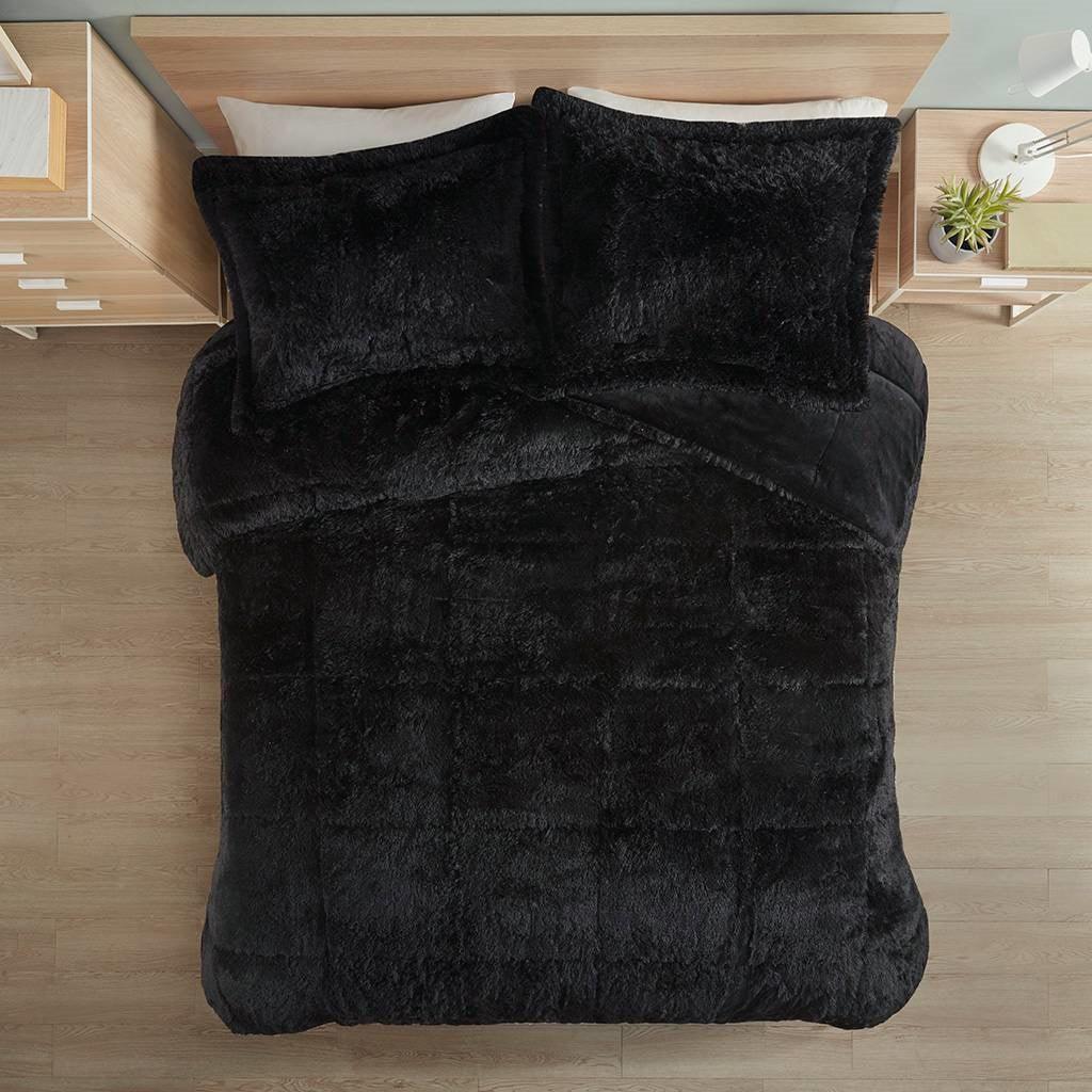 Full/Queen Black Soft Sherpa Faux Fur 3-Piece Comforter Set with Pillow Shams - PRHOMZ