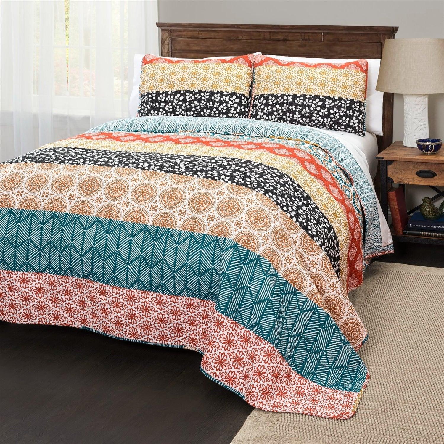 Full/Queen size Cotton 3 Piece Reversible Teal Orange Bohemian Stripe Quilt Set - PRHOMZ