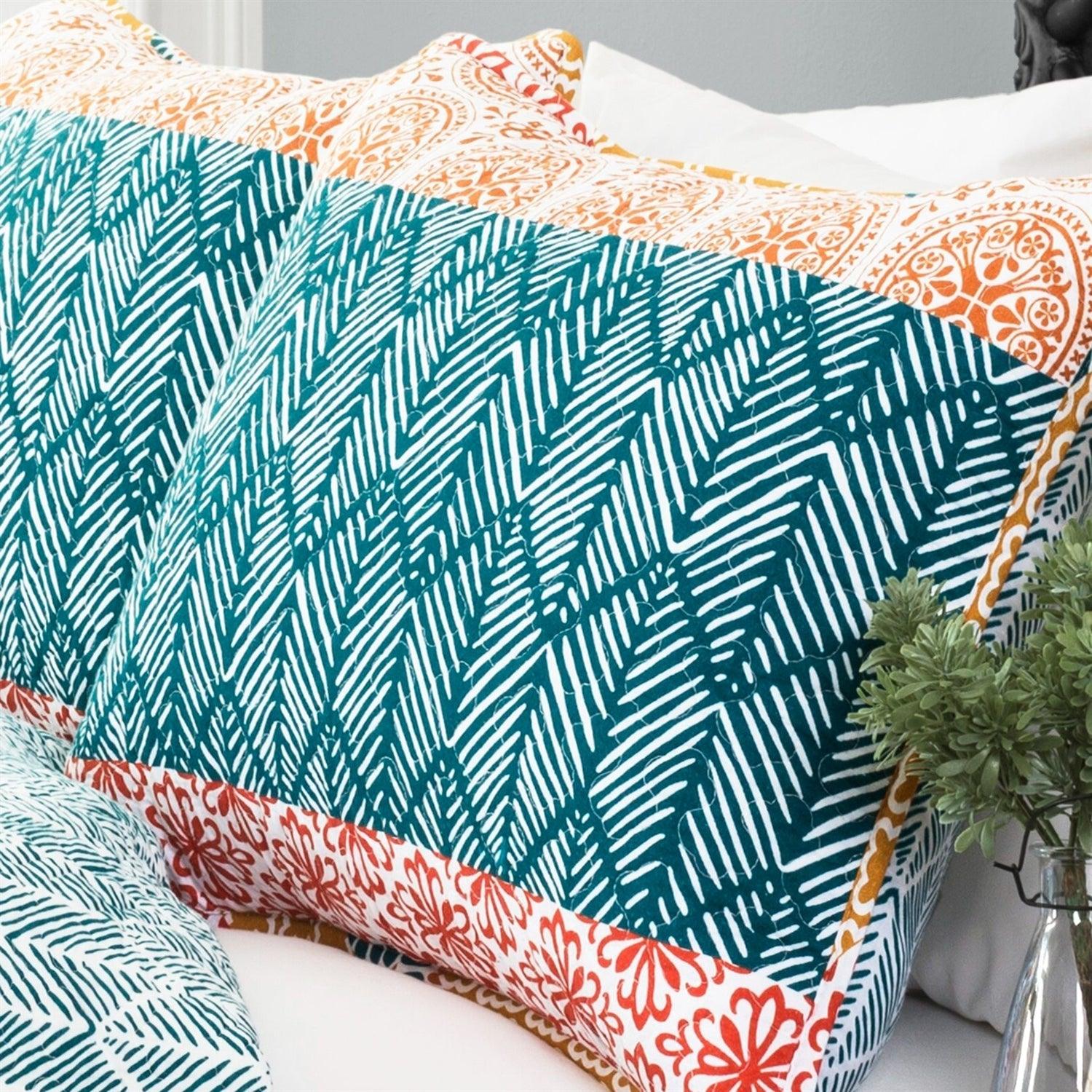 Full/Queen size Cotton 3 Piece Reversible Teal Orange Bohemian Stripe Quilt Set - PRHOMZ