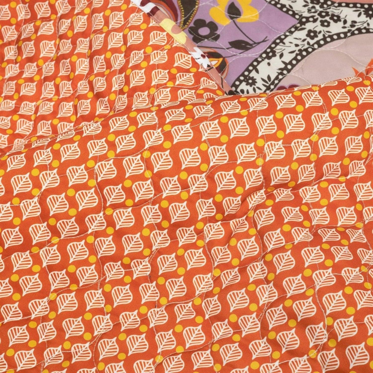 Full/Queen Boho Floral Lightweight Cotton Orange Mauve 3-Piece Quilt Set - PRHOMZ