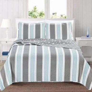 Full/Queen 3 Piece Coastal Starfish Sand Dollar Grey Blue White Quilt Set - PRHOMZ