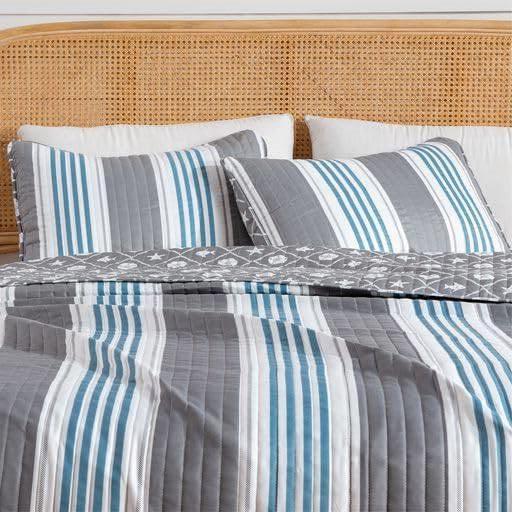 Full/Queen 3 Piece Coastal Starfish Sand Dollar Grey Blue White Quilt Set - PRHOMZ