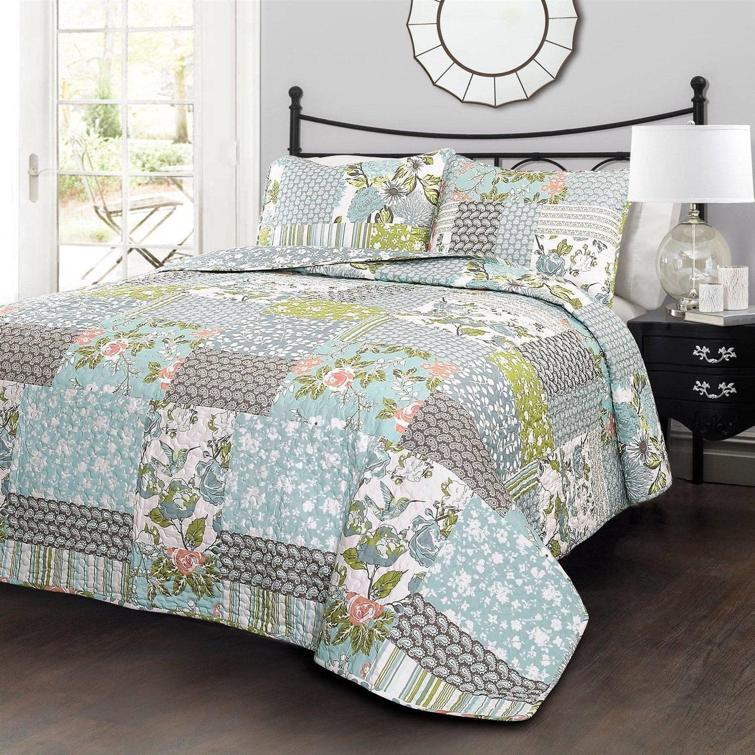 Full/Queen Boho Floral Blue Cotton Lightweight Quilt Set - PRHOMZ