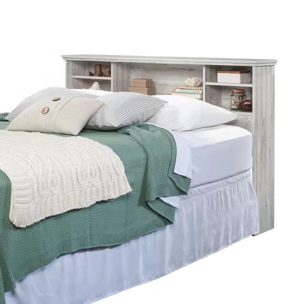 Full / Queen size Farmhouse Bookcase Headboard in Grey White Wood Finish - PRHOMZ