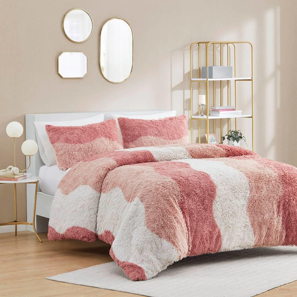 Full/Queen Pink Blush White Reversible Soft Sherpa Faux Fur 3-PC Comforter Set - PRHOMZ