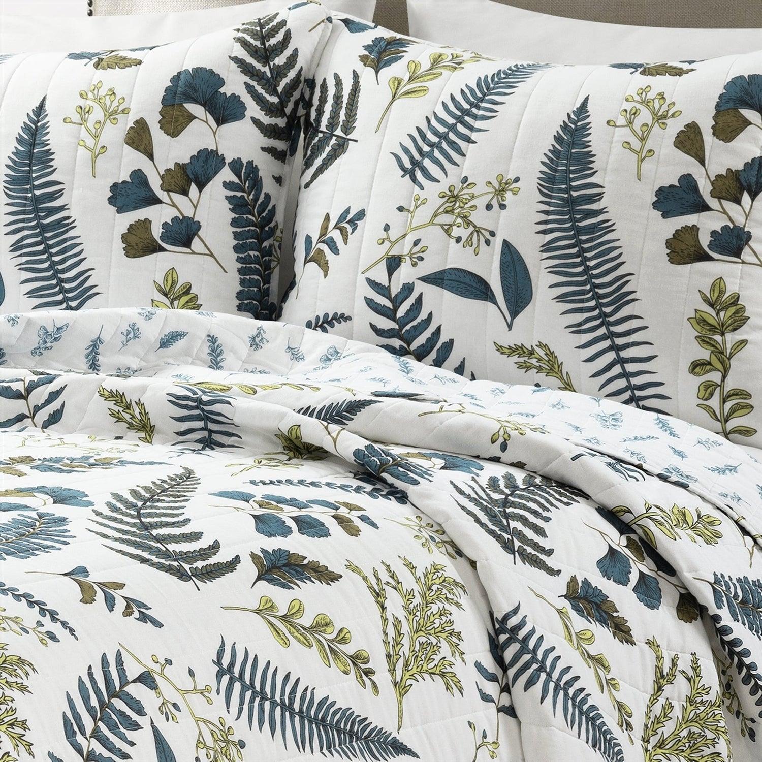 Full/Queen Reversible Cotton Lightweight Floral Fern Leaves 3 Piece Quilt Set - PRHOMZ