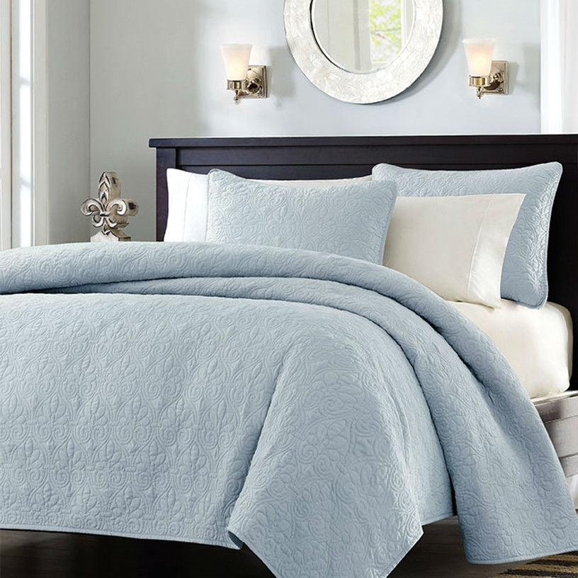 Full / Queen size Quilted Bedspread Coverlet with 2 Shams in Light Blue - PRHOMZ