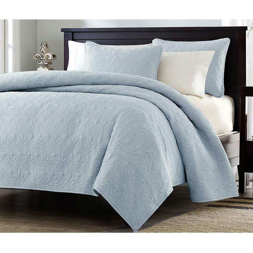 Full / Queen size Quilted Bedspread Coverlet with 2 Shams in Light Blue - PRHOMZ