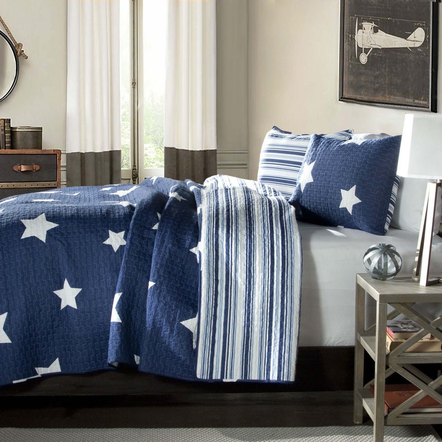 Full / Queen Navy Stars And Stripes At Night Quilt Coverlet Bedspread Set-0