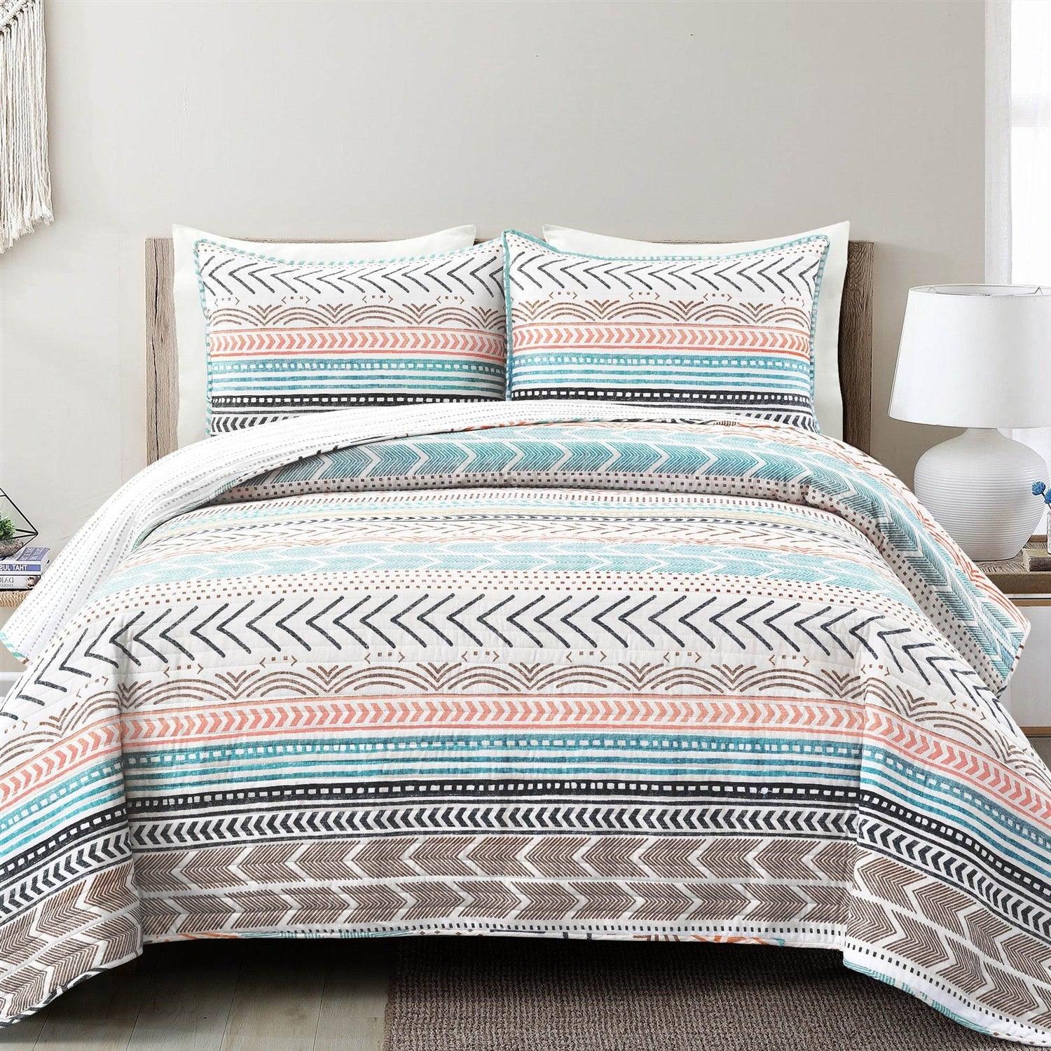 Full/Queen Scandinavian Chevron Teal White Orange Reversible Cotton Quilt Set - PRHOMZ