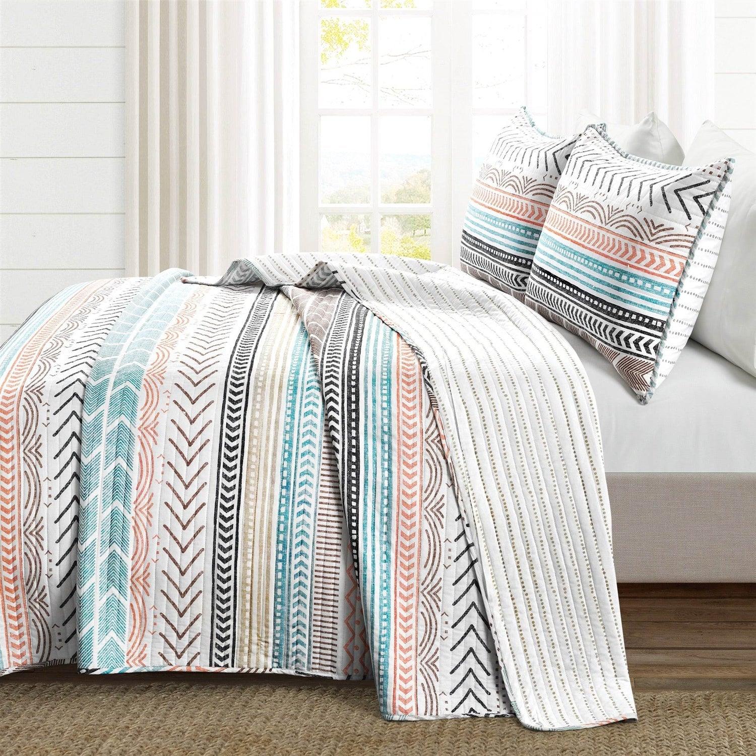 Full/Queen Scandinavian Chevron Teal White Orange Reversible Cotton Quilt Set - PRHOMZ
