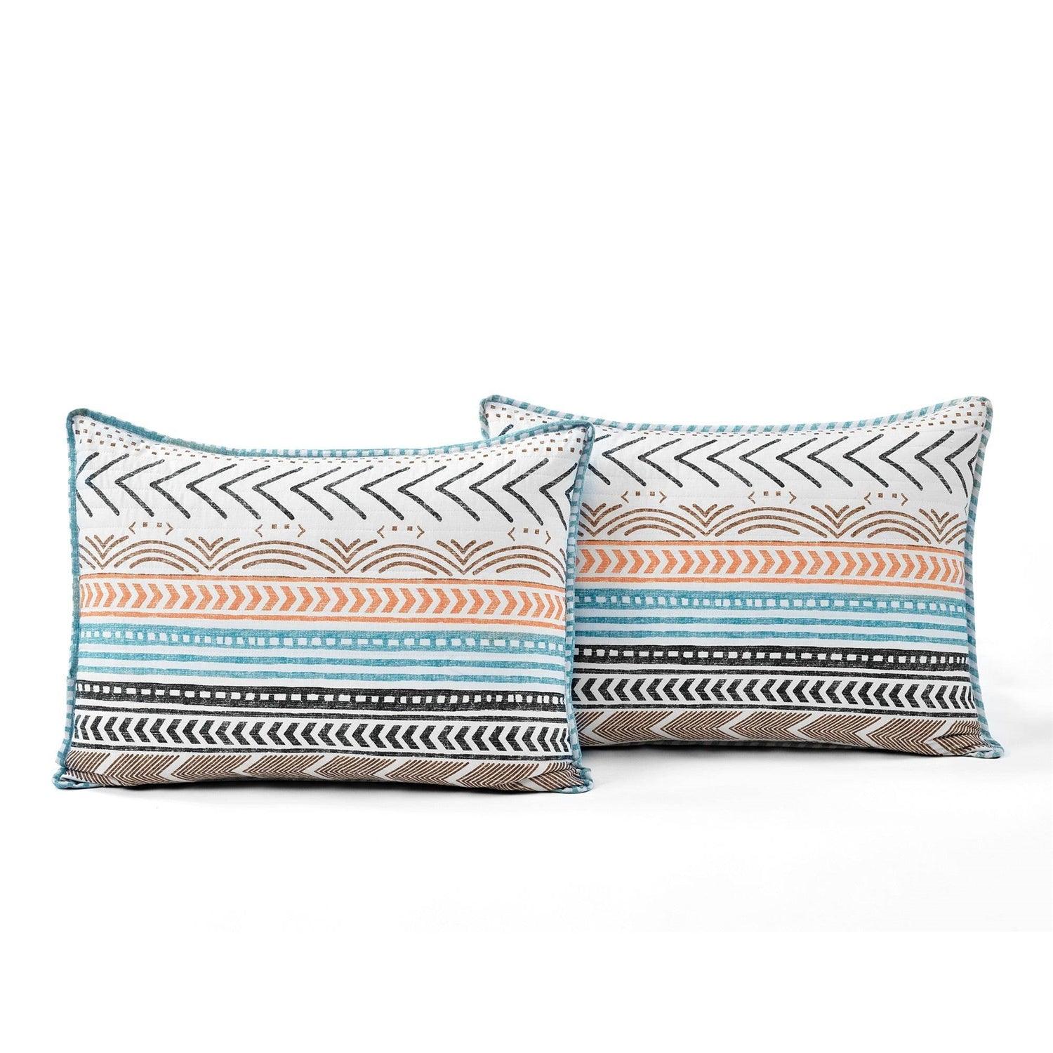 Full/Queen Scandinavian Chevron Teal White Orange Reversible Cotton Quilt Set - PRHOMZ