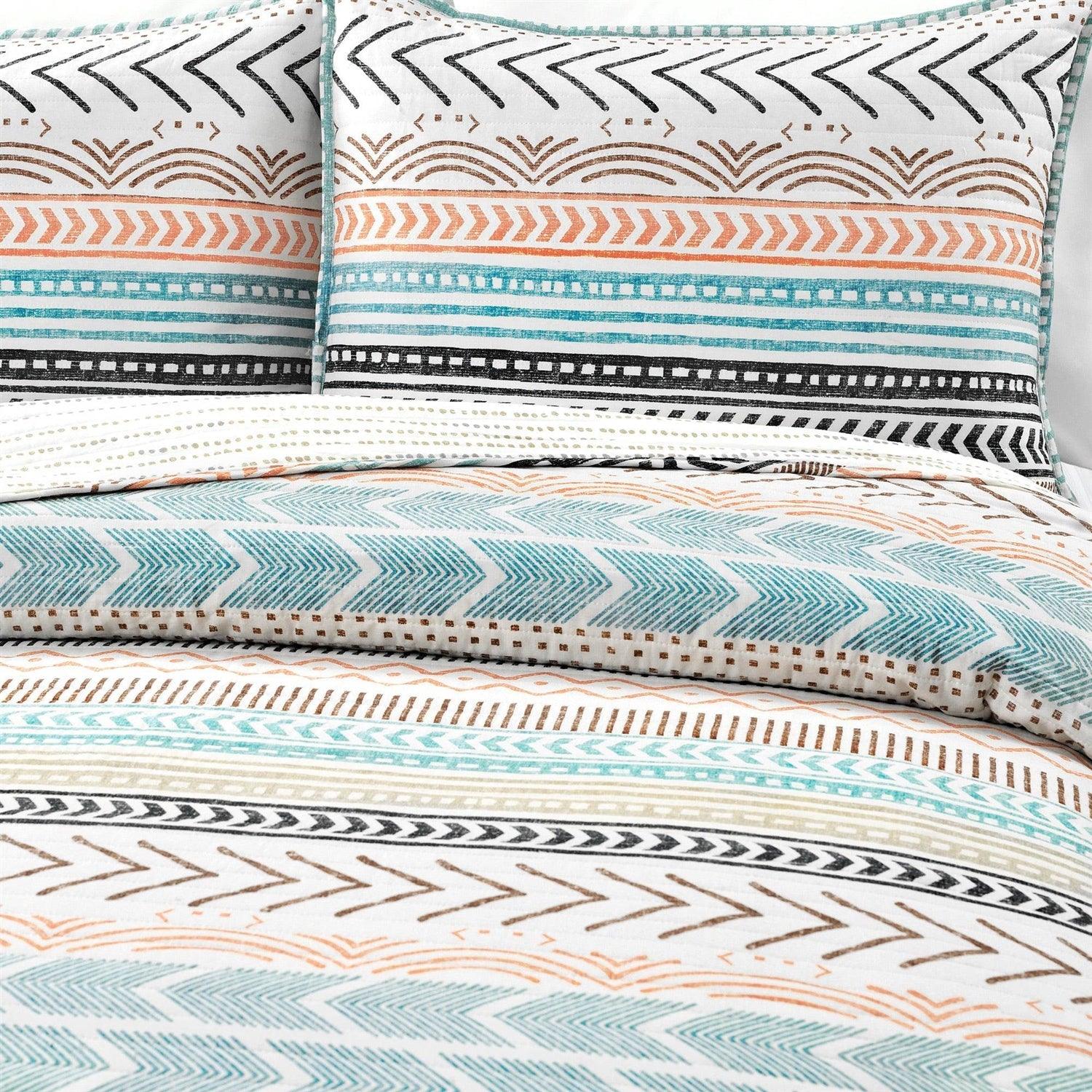 King Scandinavian Chevron Teal White Orange Brown Reversible Cotton Quilt Set - PRHOMZ