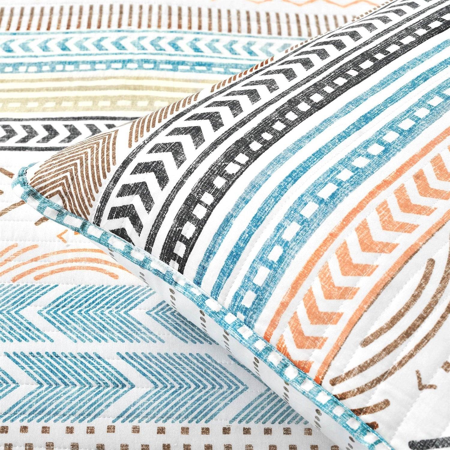 King Scandinavian Chevron Teal White Orange Brown Reversible Cotton Quilt Set - PRHOMZ