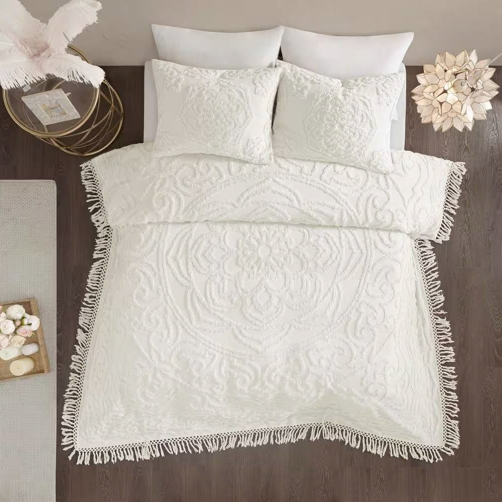 Full/Queen 100-Percent Cotton Chenille Bedspread with Fringe Hem in Off-White-1