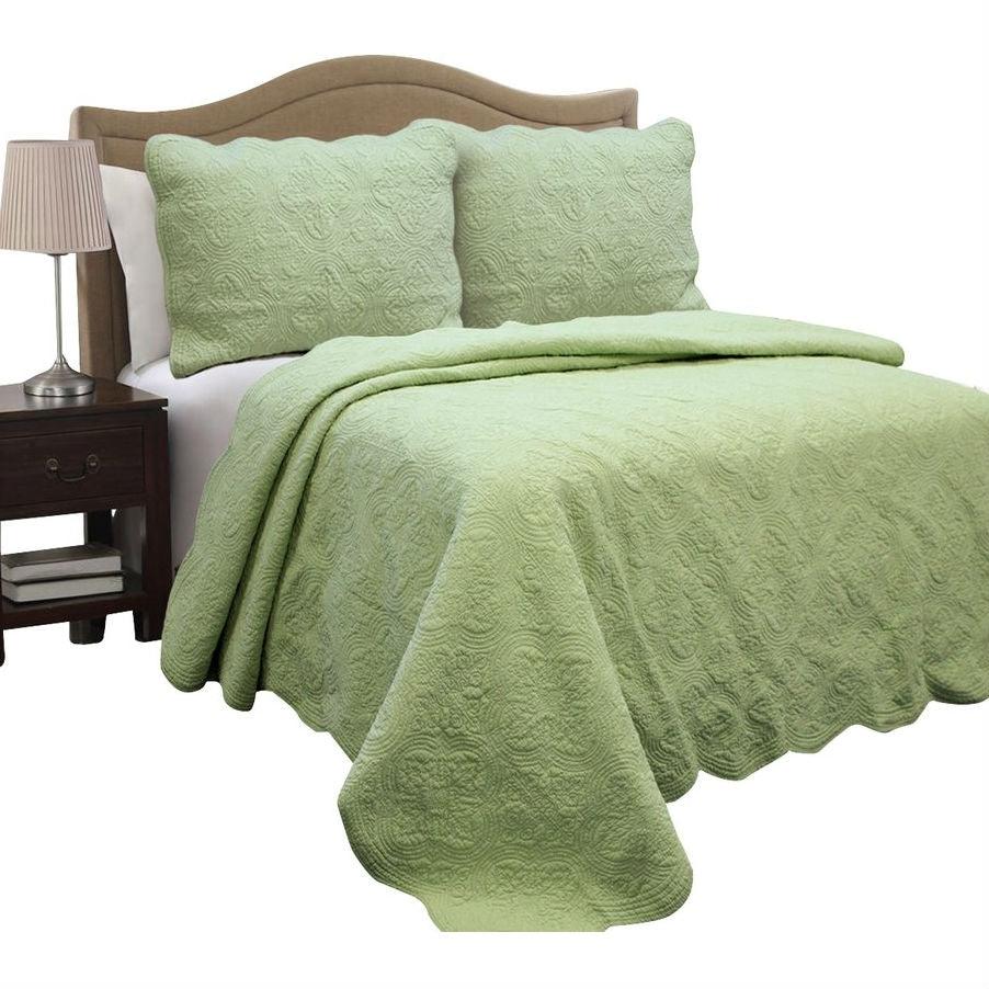 Full Queen Green Cotton Quilt Bedspread with Scalloped Borders - PRHOMZ