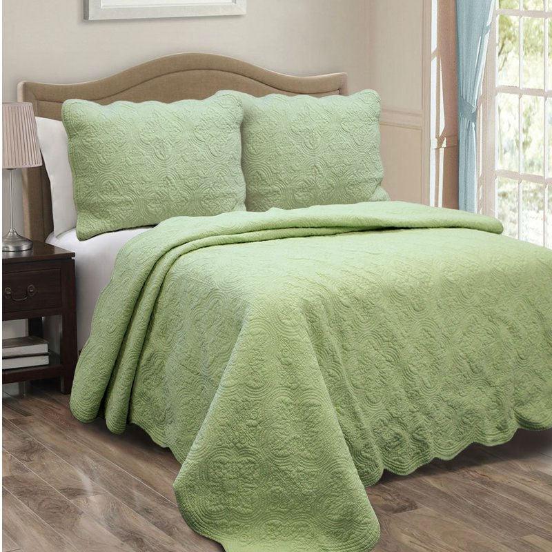 Full Queen Green Cotton Quilt Bedspread with Scalloped Borders - PRHOMZ