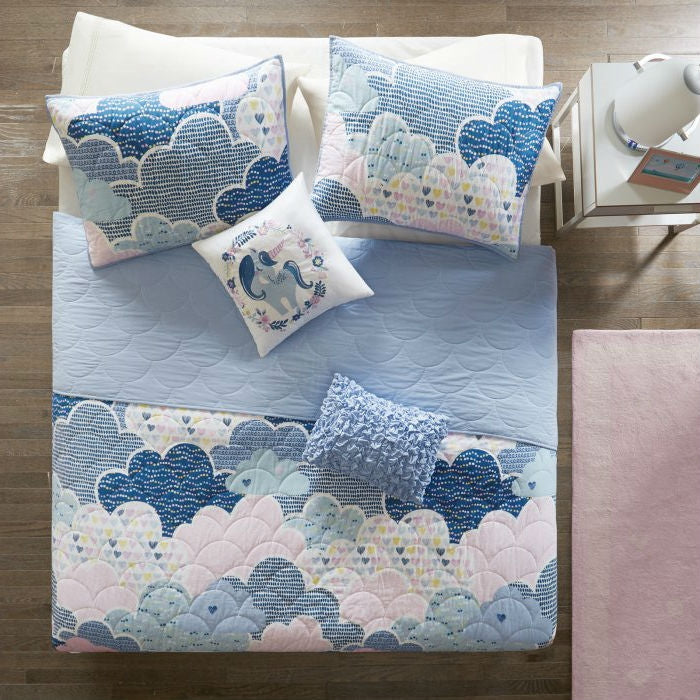 Full/Queen Kids Blue Pink Unicorn Clouds Quilt Coverlet Bedspread Set-0