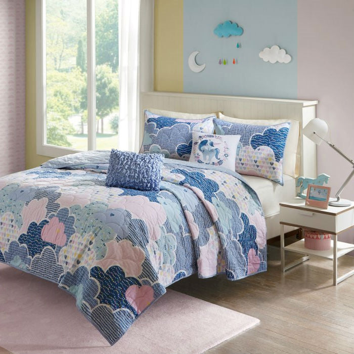 Full/Queen Kids Blue Pink Unicorn Clouds Quilt Coverlet Bedspread Set-1