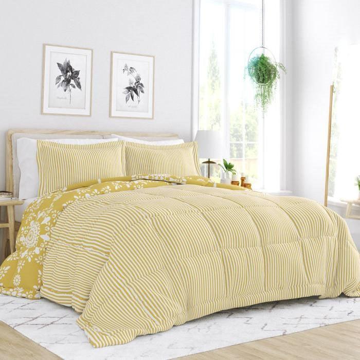 Full/Queen size 3-Piece Yellow White Reversible Floral Striped Comforter Set - PRHOMZ