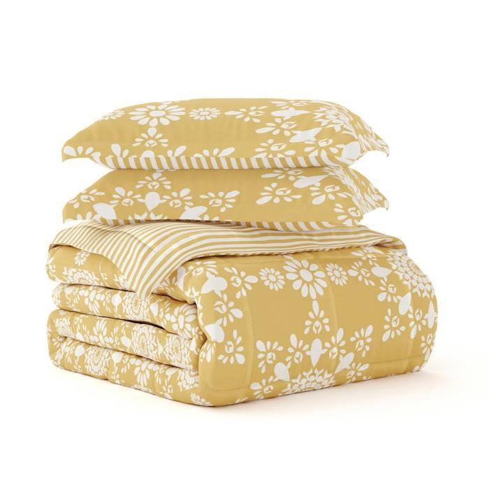 Full/Queen size 3-Piece Yellow White Reversible Floral Striped Comforter Set - PRHOMZ