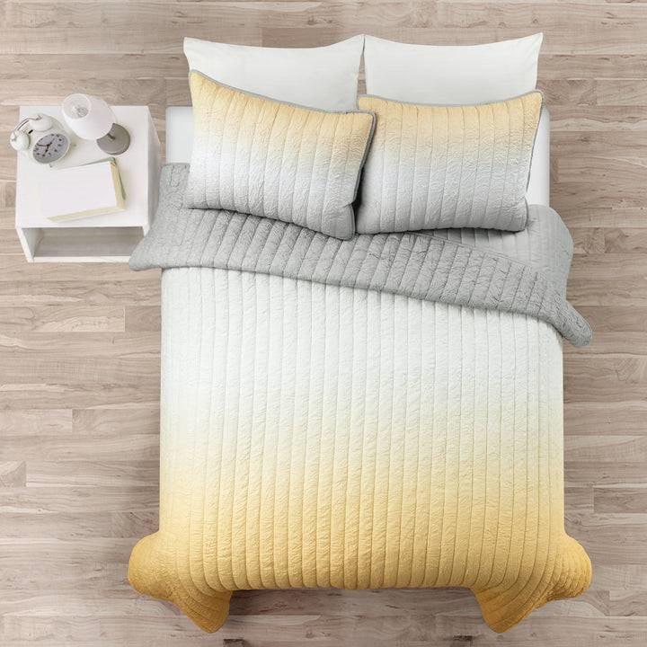 Full/Queen Yellow Orange Grey Lightweight Crinkle Fabric 3 Piece Quilt Set - PRHOMZ