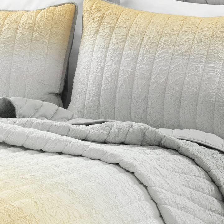 Full/Queen Yellow Orange Grey Lightweight Crinkle Fabric 3 Piece Quilt Set - PRHOMZ