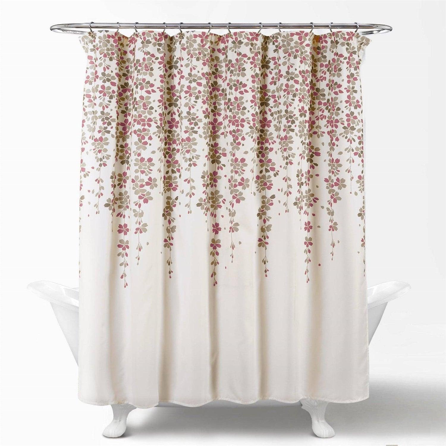 72-inch Tan Purple Grey Floral Flowers Shower Curtain - PRHOMZ
