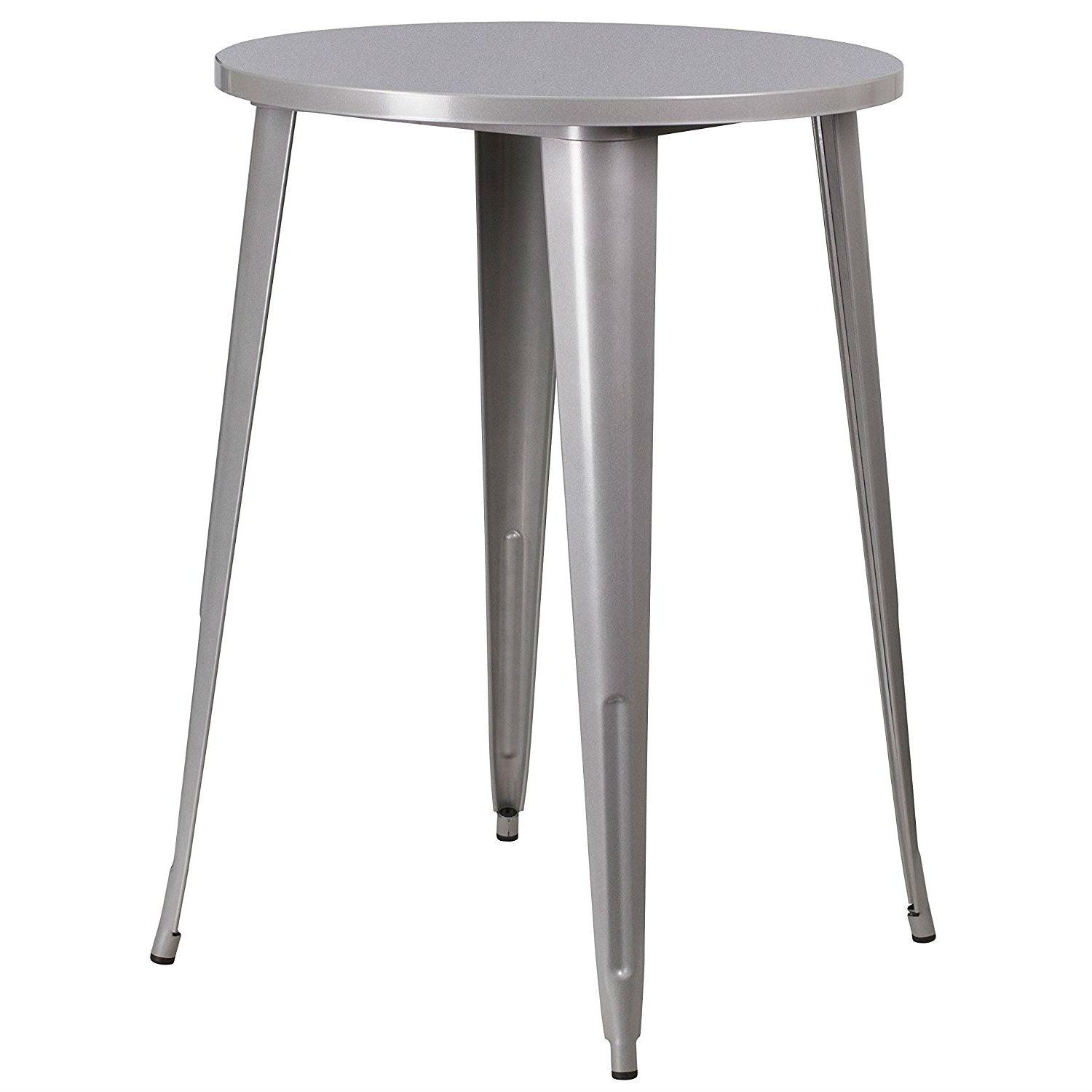 Outdoor 30-inch Round Metal Cafe Bar Patio Table in Silver - PRHOMZ