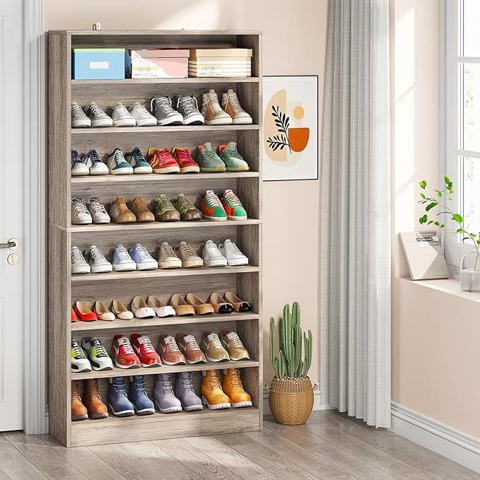 8-Shelf Shoe Rack Storage Cabinet in Grey Wood Finish - Holds Up To 45 Pairs-0