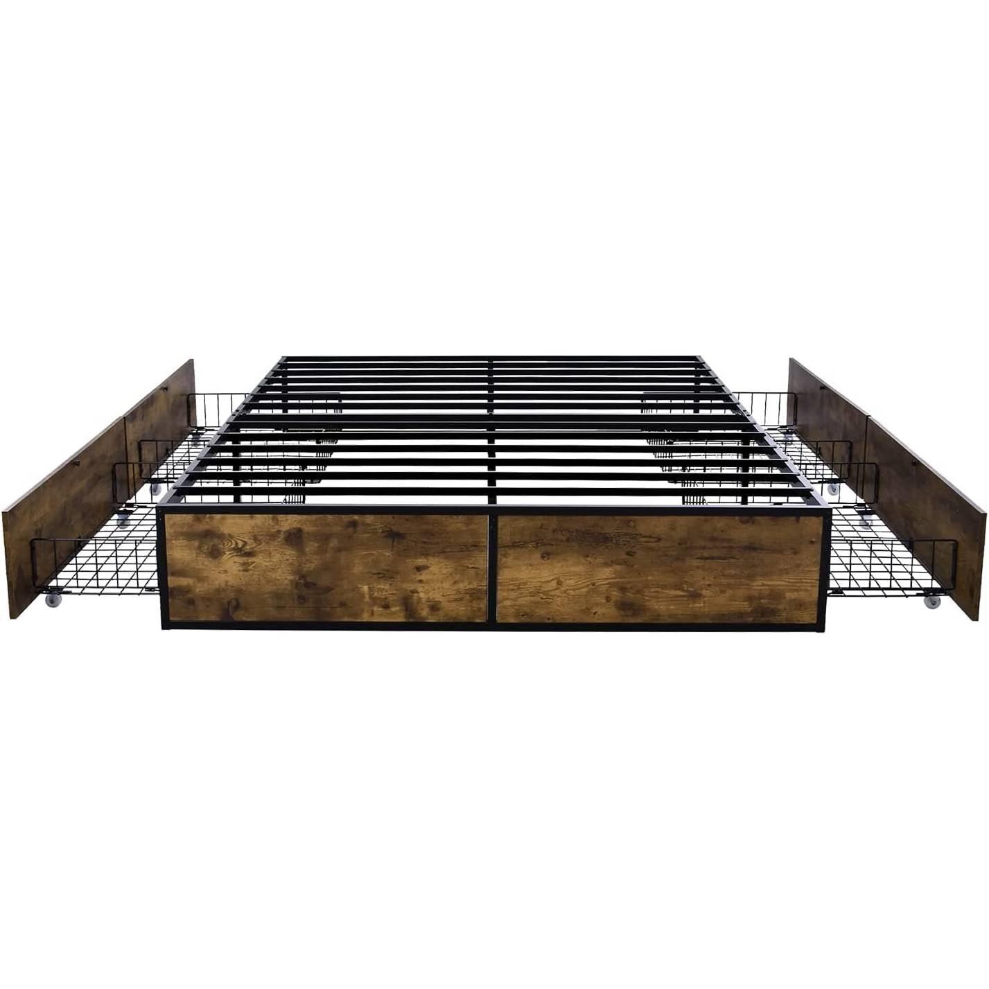 Full Metal Wood Platform Bed Frame with 4 Storage Drawers - 600 lbs Max Weight - PRHOMZ
