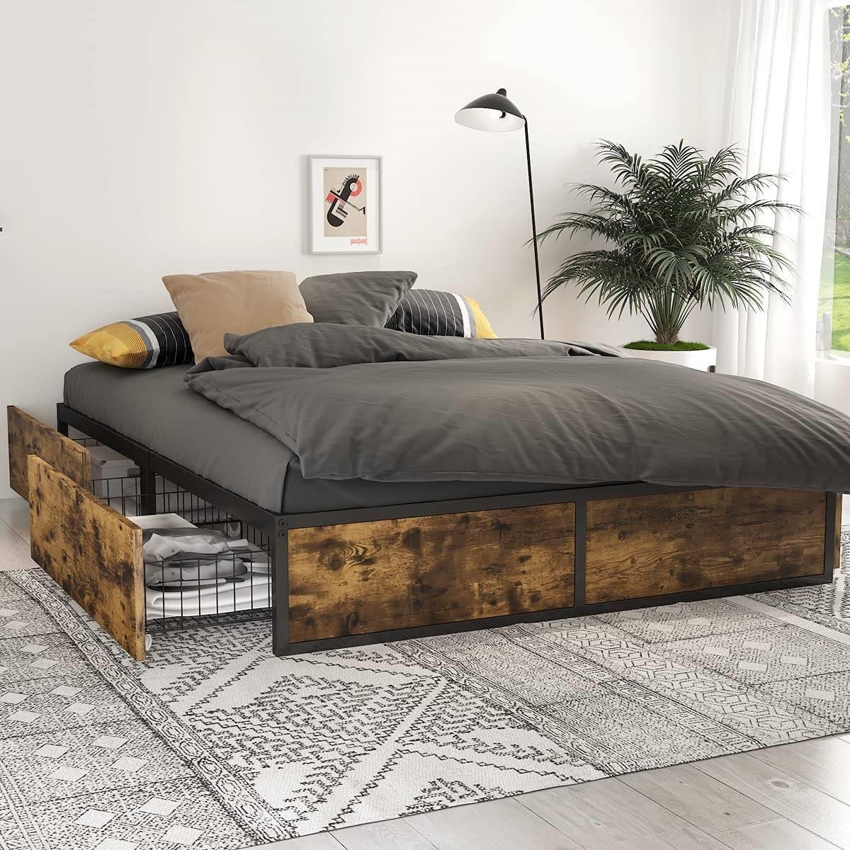 Full Metal Wood Platform Bed Frame with 4 Storage Drawers - 600 lbs Max Weight - PRHOMZ
