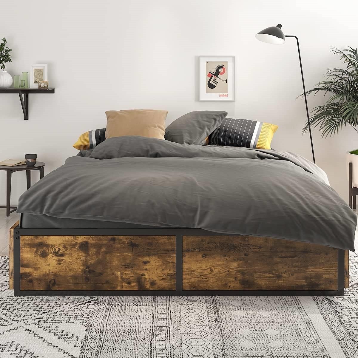 Full Metal Wood Platform Bed Frame with 4 Storage Drawers - 600 lbs Max Weight - PRHOMZ