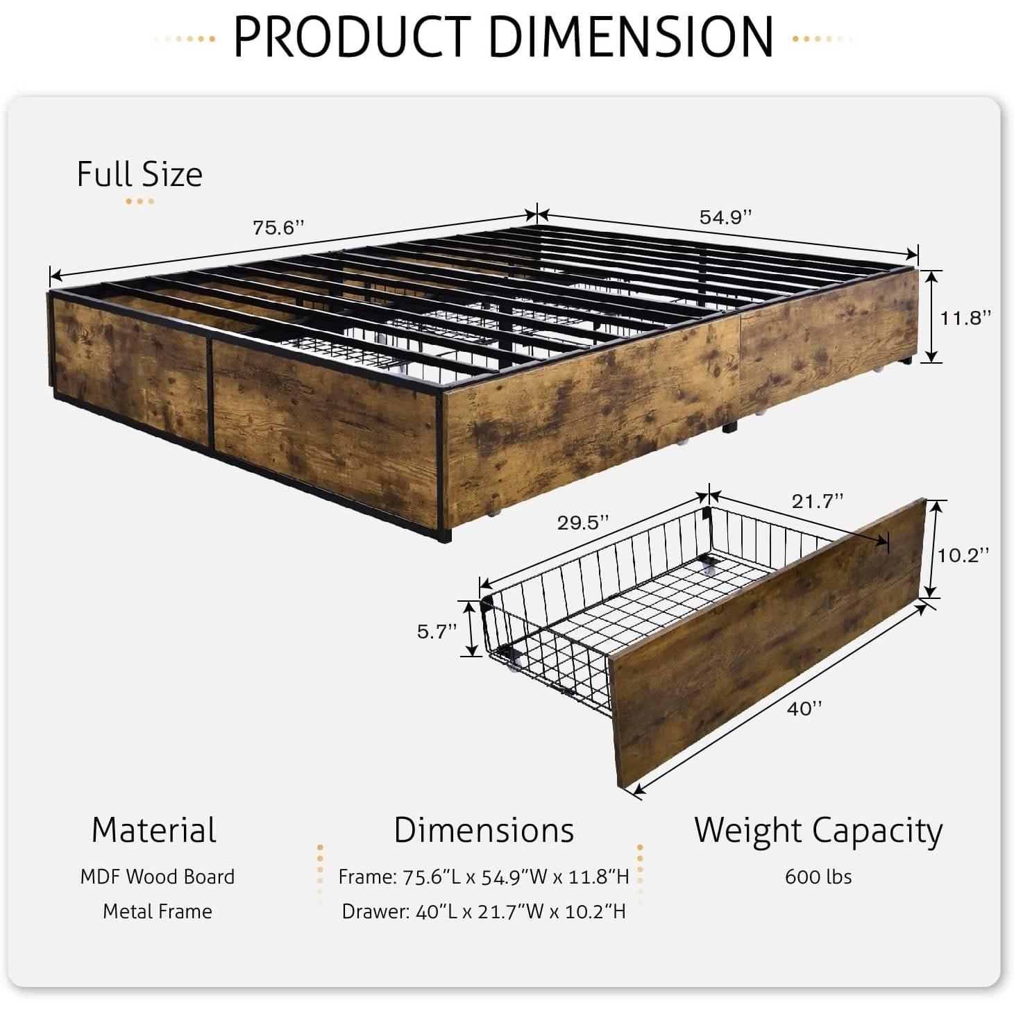 Full Metal Wood Platform Bed Frame with 4 Storage Drawers - 600 lbs Max Weight - PRHOMZ