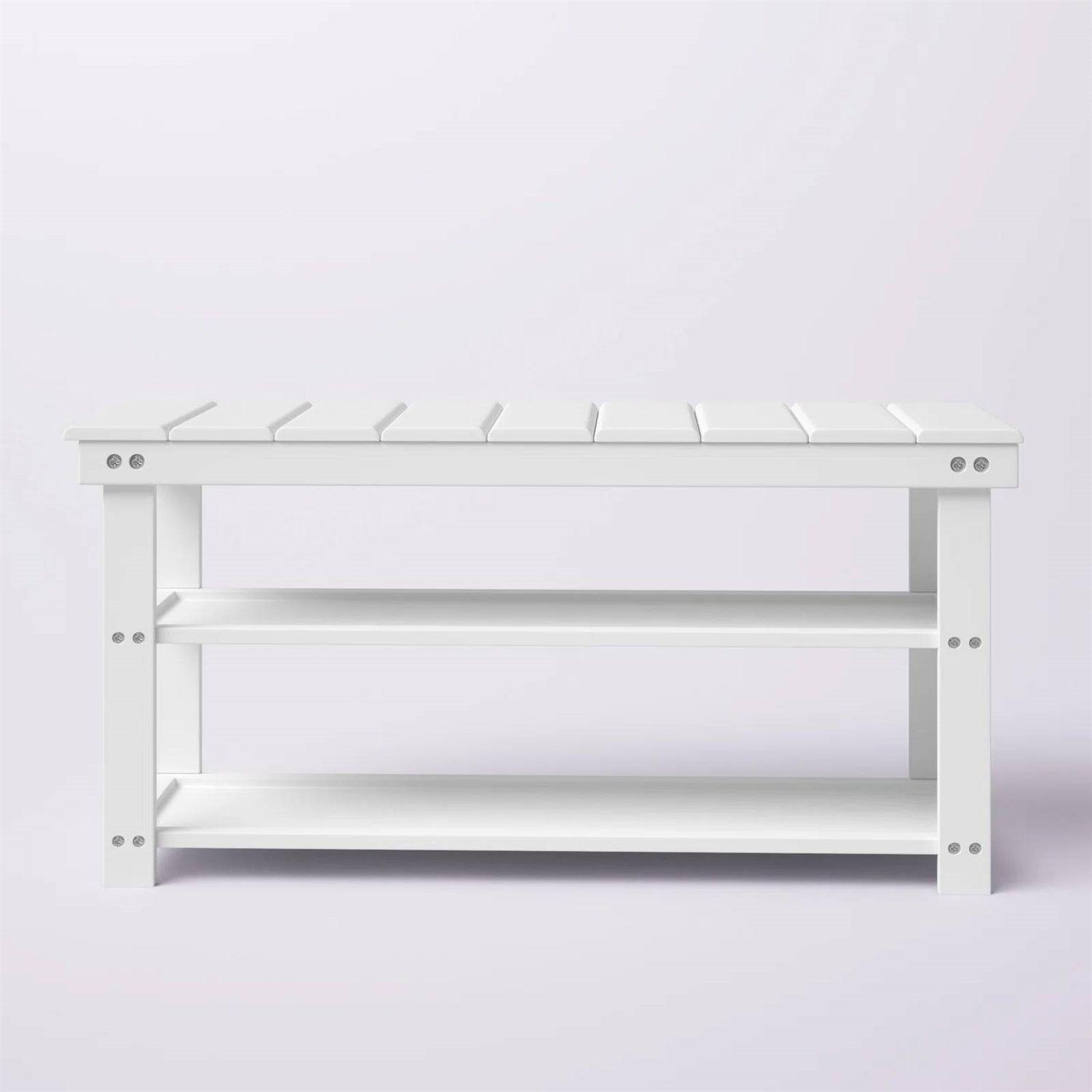White Slatted Wood 2-Shelf Shoe Rack Storage Bench For Entryway or Closet - PRHOMZ