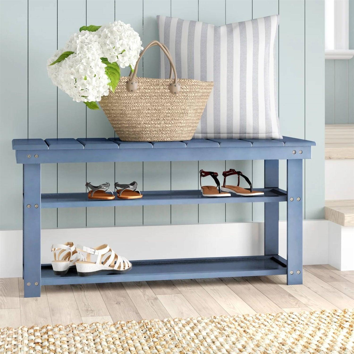 Blue Wood 2-Shelf Shoe Rack Storage Bench - 150 lbs. Weight Capacity - PRHOMZ