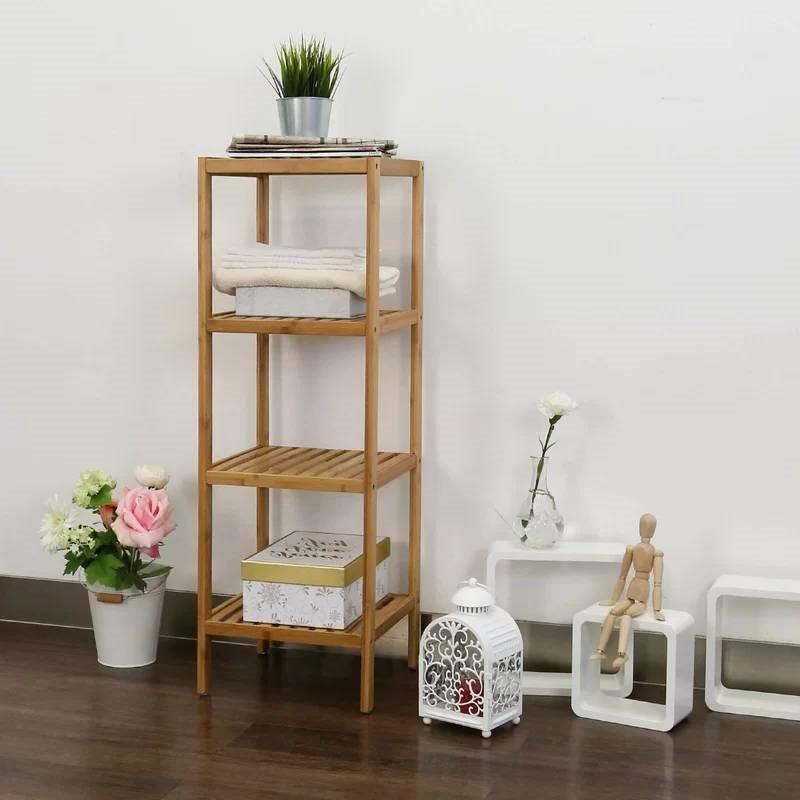 Solid Wood 4-Tier Bathroom Storage Shelving Unit - PRHOMZ