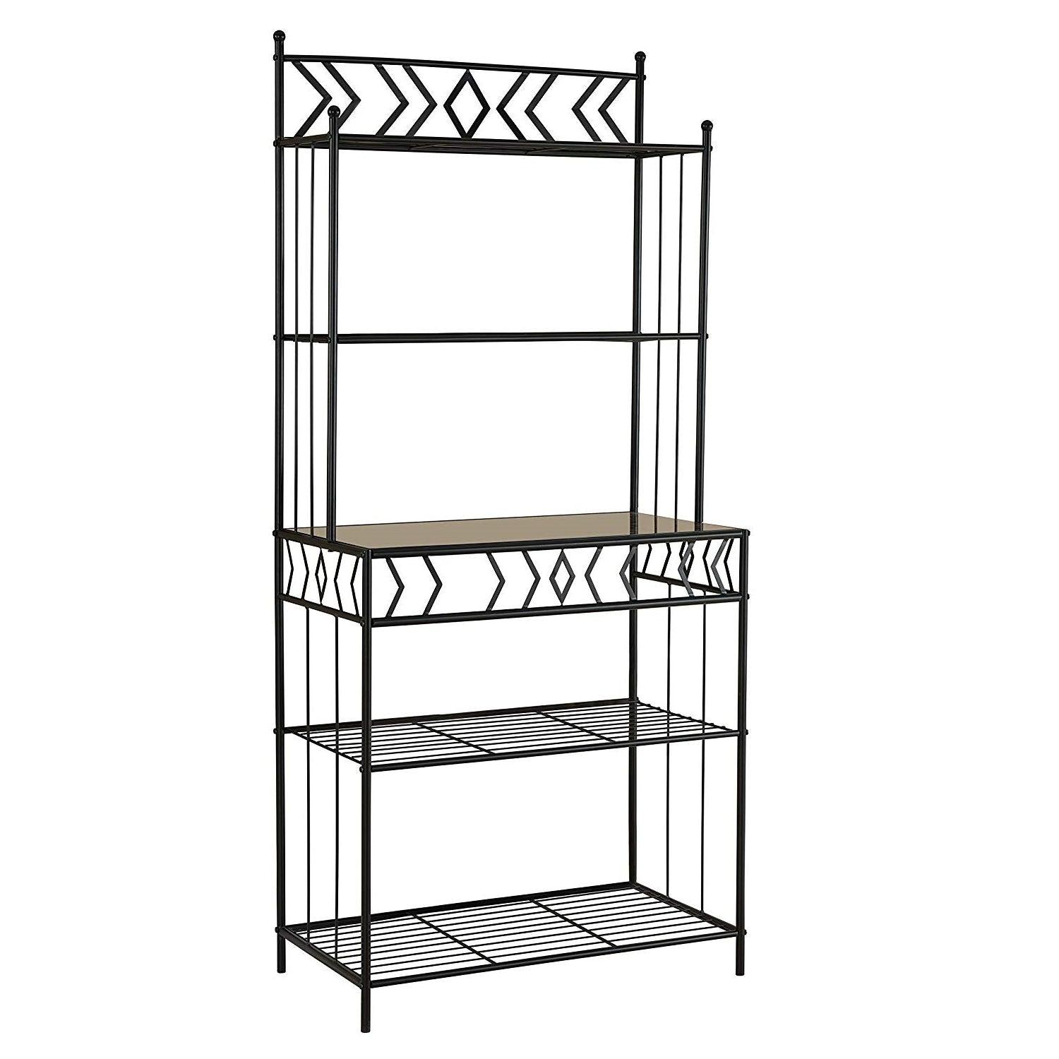 Kitchen Bakers Rack in Black Metal with Marble Finish Top - PRHOMZ
