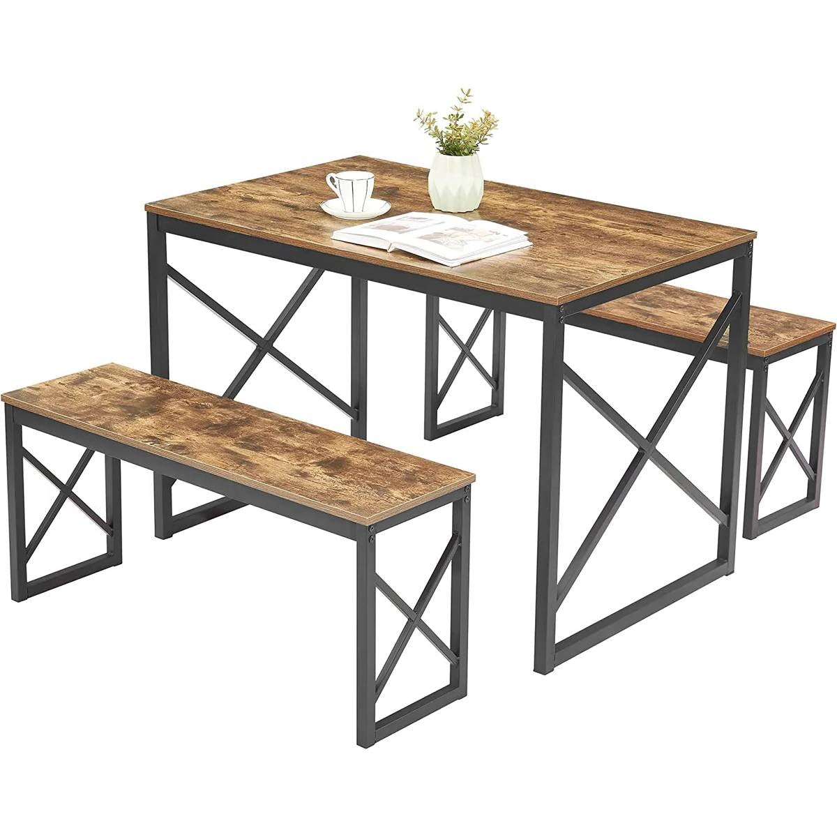 Modern Industrial Wood-Top Kitchen Dining Table Set with 2 Backless Benches-0