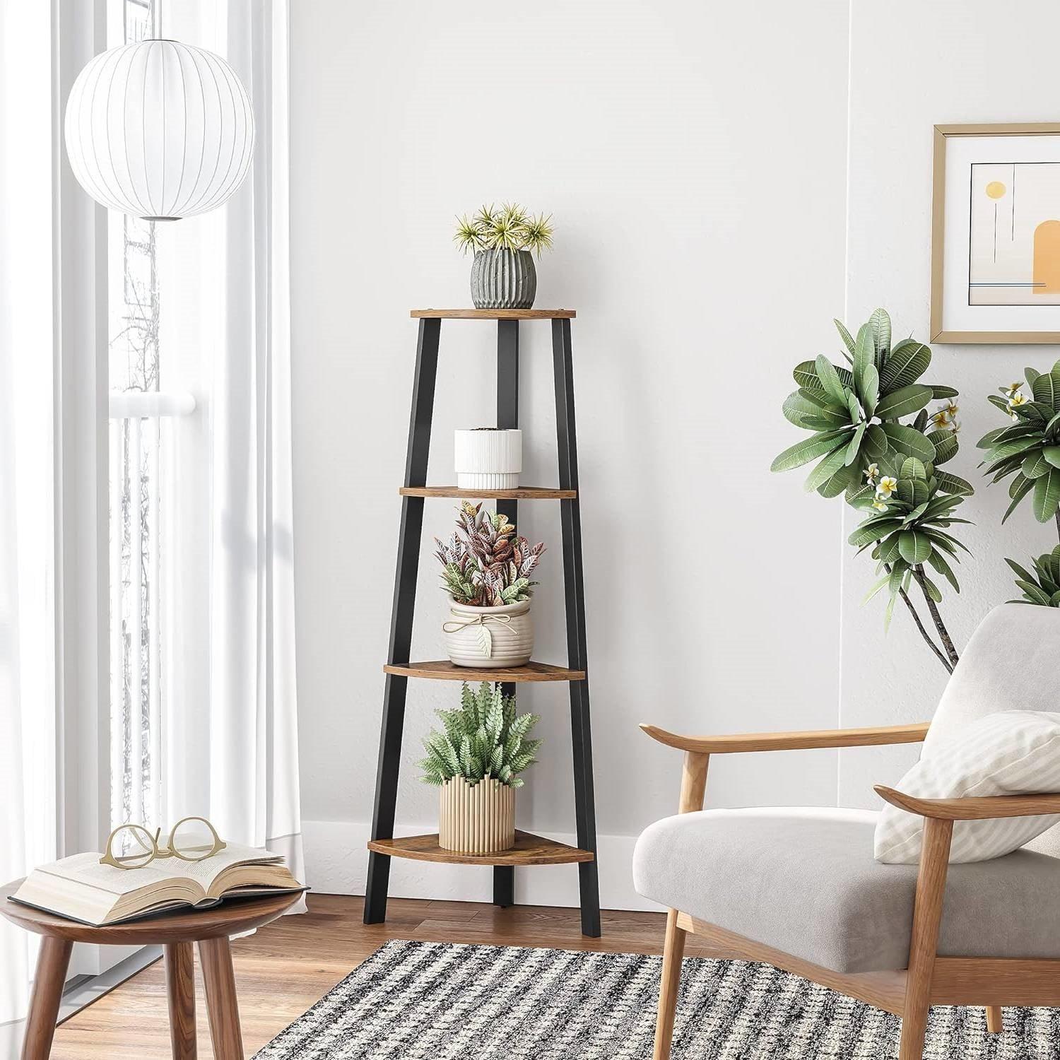 Narrow 3-Shelf Corner Shelving Unit Plant Stand Bookcase in Brown Black Wood - PRHOMZ