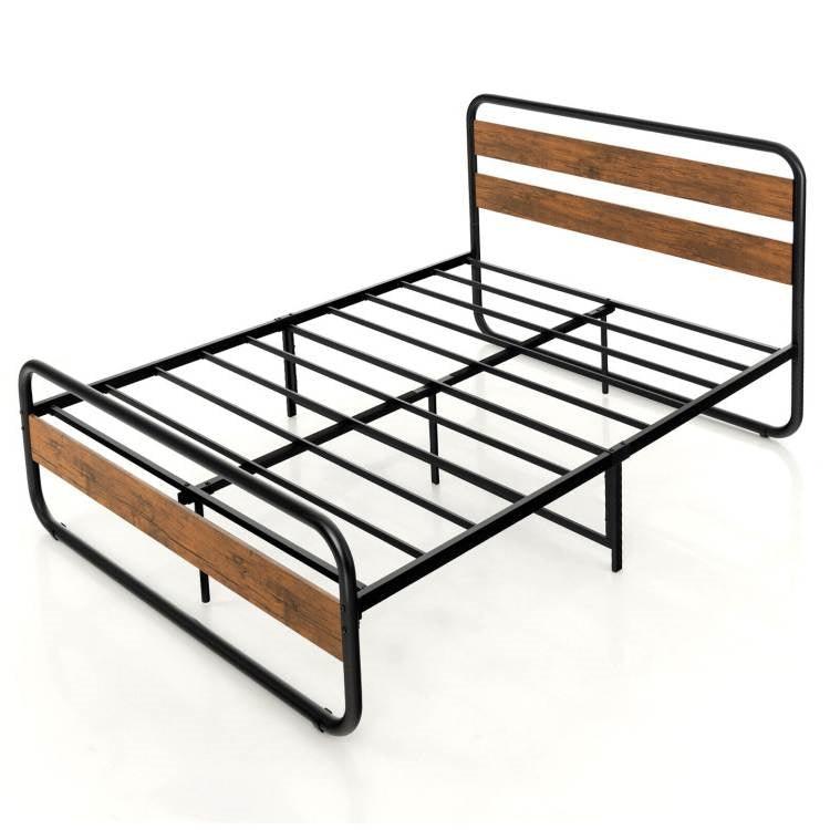 Full Industrial Wood and Metal Tube Platform Bed with Headboard and Footboard - PRHOMZ