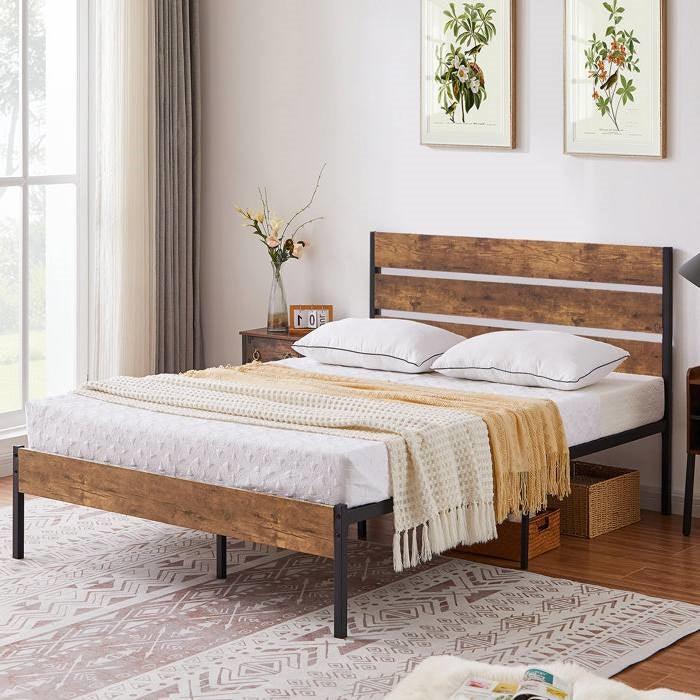 Full Industrial Platform Bed Frame with Brown Wood Slatted Headboard Footboard - PRHOMZ