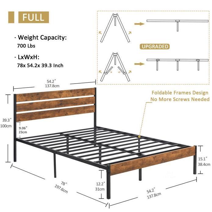 Full Industrial Platform Bed Frame with Brown Wood Slatted Headboard Footboard - PRHOMZ